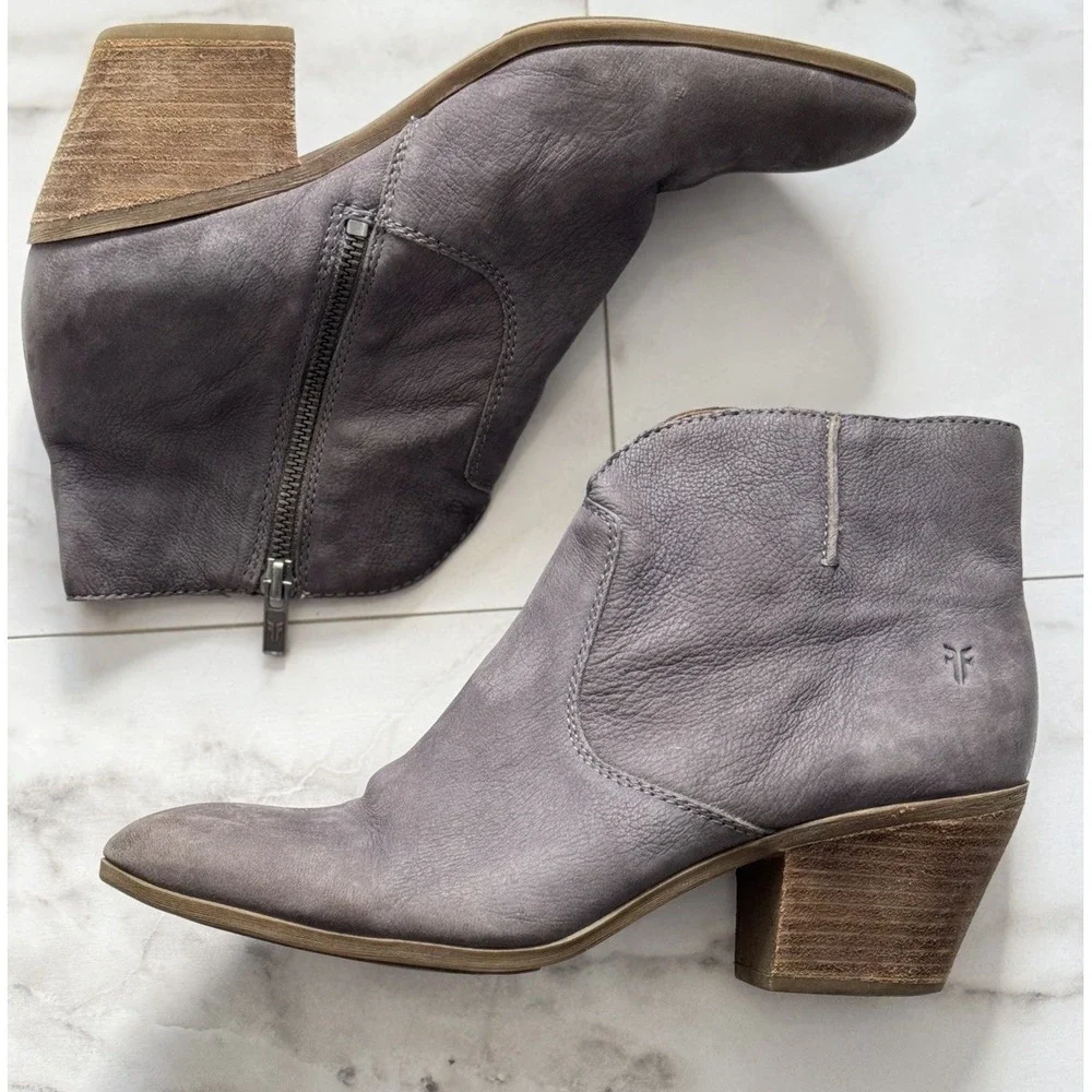 Frye Women Jennifer Heeled Bootie Ankle Leather Gray Zipper Almond Toe Sz 10M